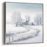 Winter landscape art painting on framed canvas, featuring a snowy scene in muted grays and whites.