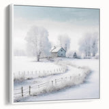 Vintage poster art featuring a winter scene on framed canvas, with a palette of white and muted blues.