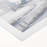 Art deco poster featuring a winter scene with muted blue and white tones on rolled canvas, suitable for dining room decor.