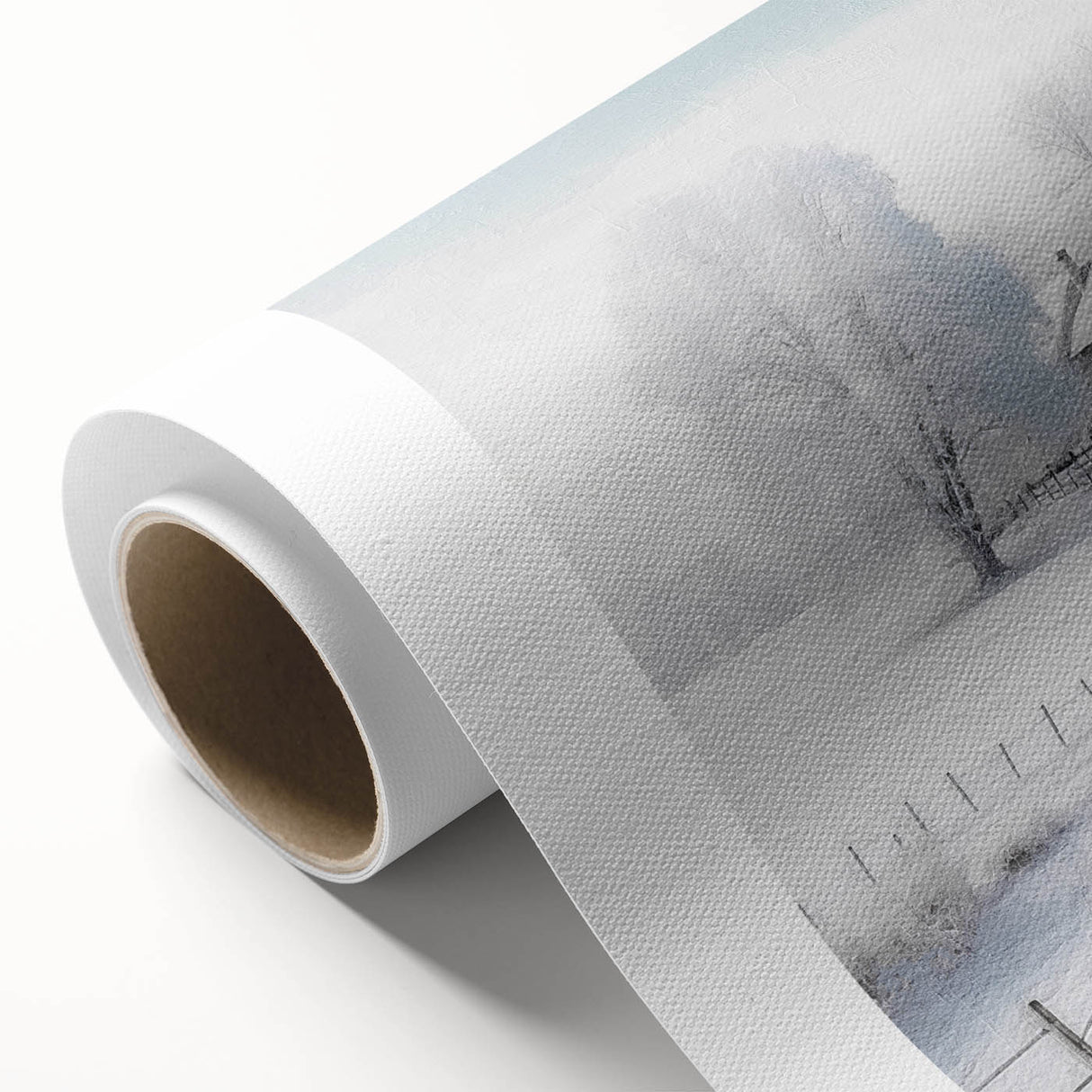 Winter scene with soft snowfall and bare trees on rolled canvas, in muted gray and blue tones, ideal for nursery wall art.