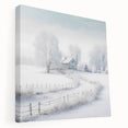 Winter landscape with snow-covered trees on stretched canvas, using muted white and blue tones.