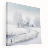 Winter landscape with snow-covered trees on stretched canvas, using muted white and blue tones.