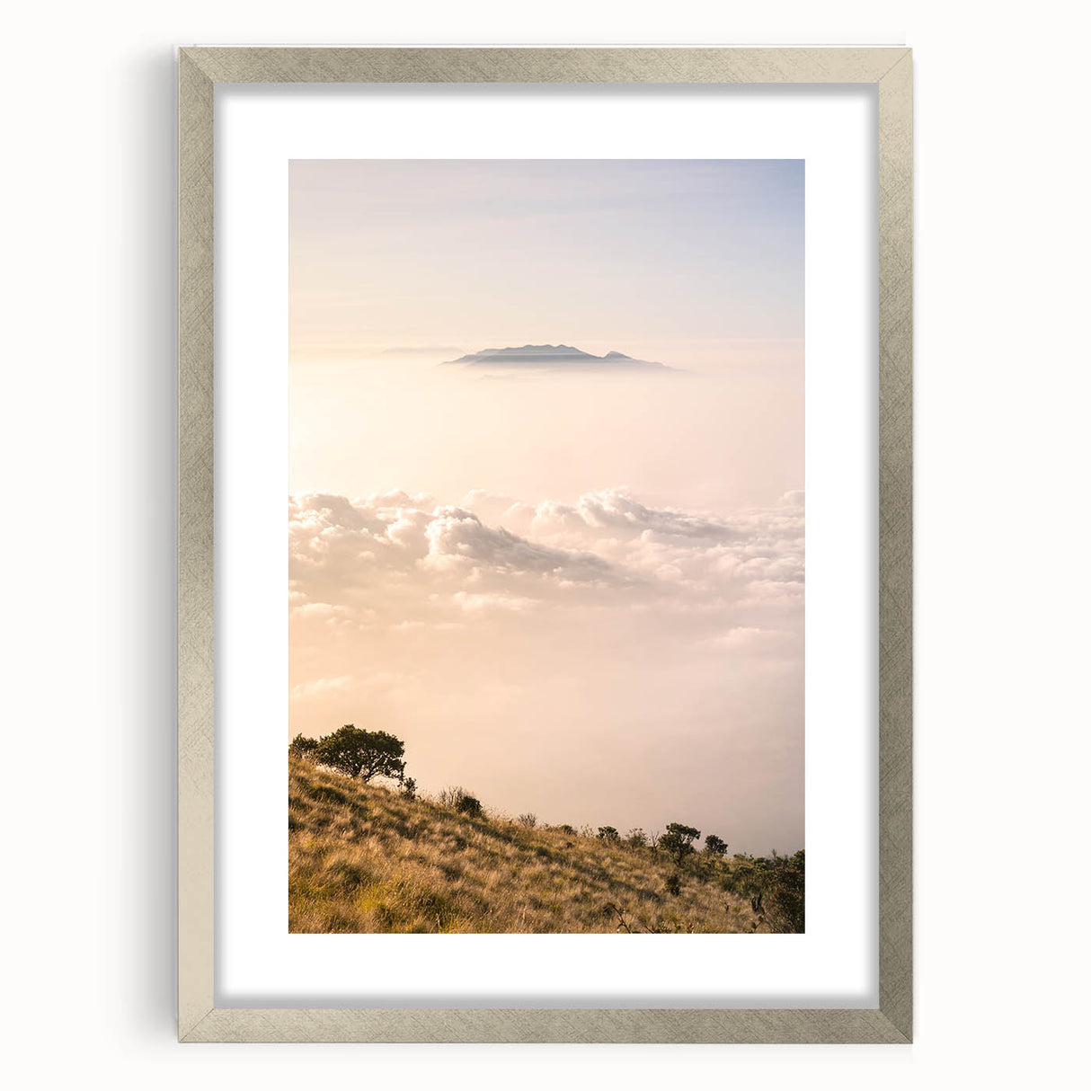 Textured abstract art print in muted gray and blue tones on a framed canvas, ideal for modern bedroom ambiance.