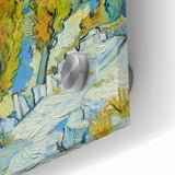 Large abstract wall art print featuring swirling blue and yellow patterns on acrylic glass, suitable for dining room decor.