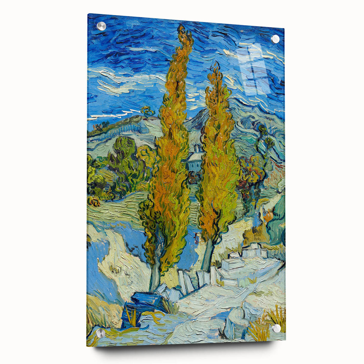 Acrylic print of a Van Gogh-inspired abstract painting with swirls of blue and yellow.