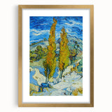 Abstract art print in vibrant blue and yellow, framed in gold, suitable for enhancing dining room or bedroom decor.