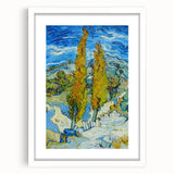 Textured abstract art print with swirling blue and yellow patterns on a white framed canvas, suitable for bedroom decor.