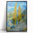 Large abstract wall art print on acrylic, featuring swirling blue and yellow patterns, framed in black.