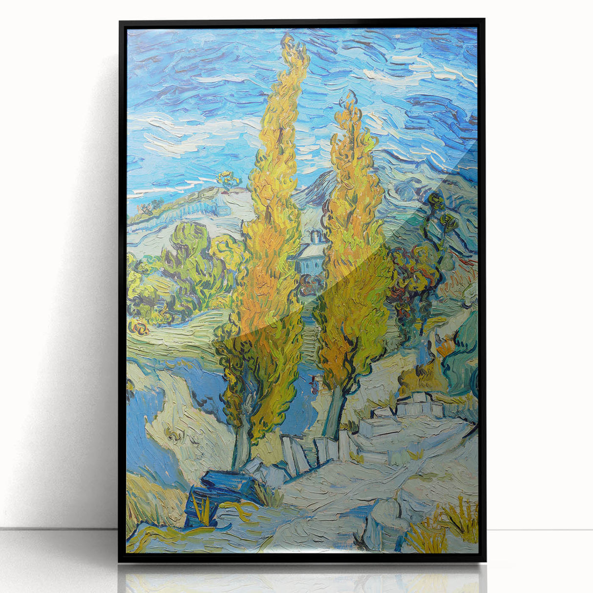 Large abstract wall art print on acrylic, featuring swirling blue and yellow patterns, framed in black.
