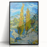 Large abstract wall art print on acrylic, featuring swirling blue and yellow patterns, framed in black.