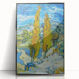 Silver-framed acrylic print of Van Gogh-inspired artwork with swirling blue and yellow tones.