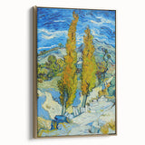 Side view of a framed canvas featuring Van Gogh-inspired landscape art in gold tones, ideal for bedroom decor.