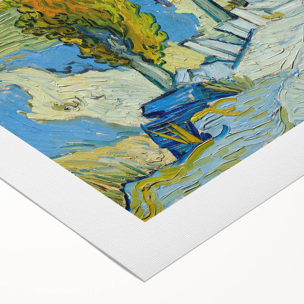 Art deco poster featuring a stylized Van Gogh portrait on rolled canvas, in bold blue and yellow tones.