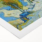 Art deco poster featuring a stylized Van Gogh portrait on rolled canvas, in bold blue and yellow tones.