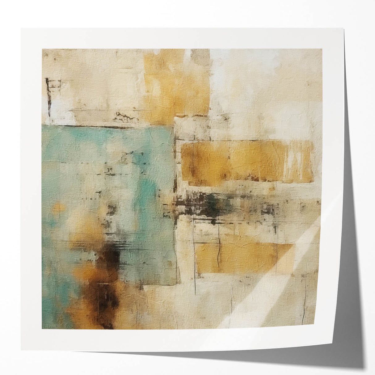 Abstract wall art print showcasing vibrant strokes in shades of blue, pink, and gold, designed to enhance modern interiors with a glossy finish.