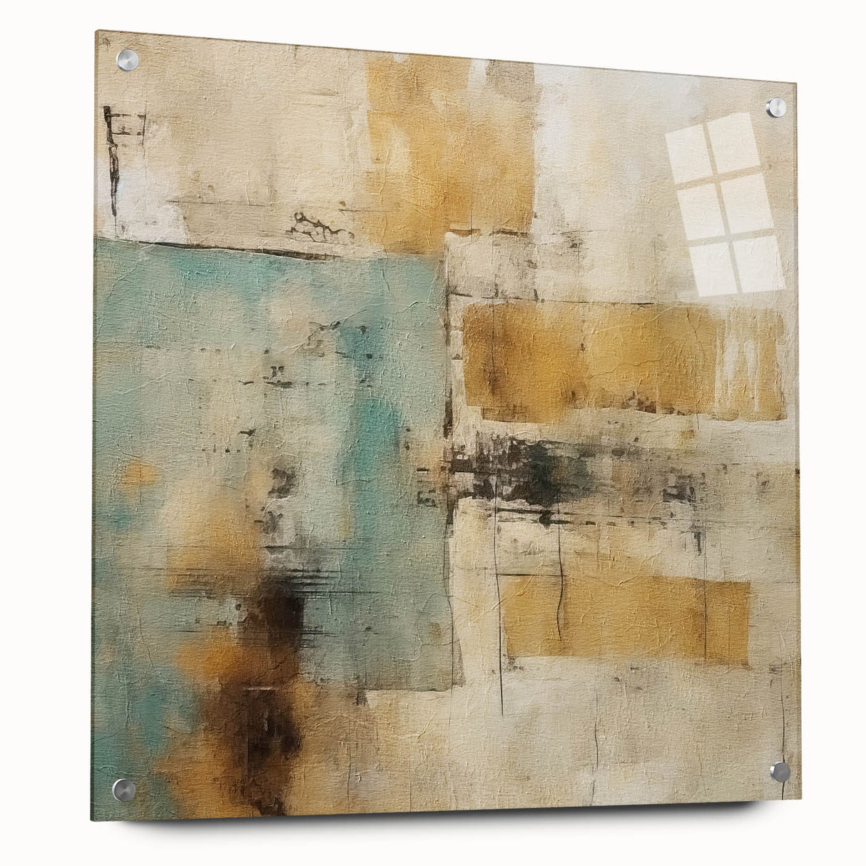 Abstract wall art featuring bold, colorful strokes on acrylic glass, elegantly displayed with pins against a neutral background, ideal for modern decor.