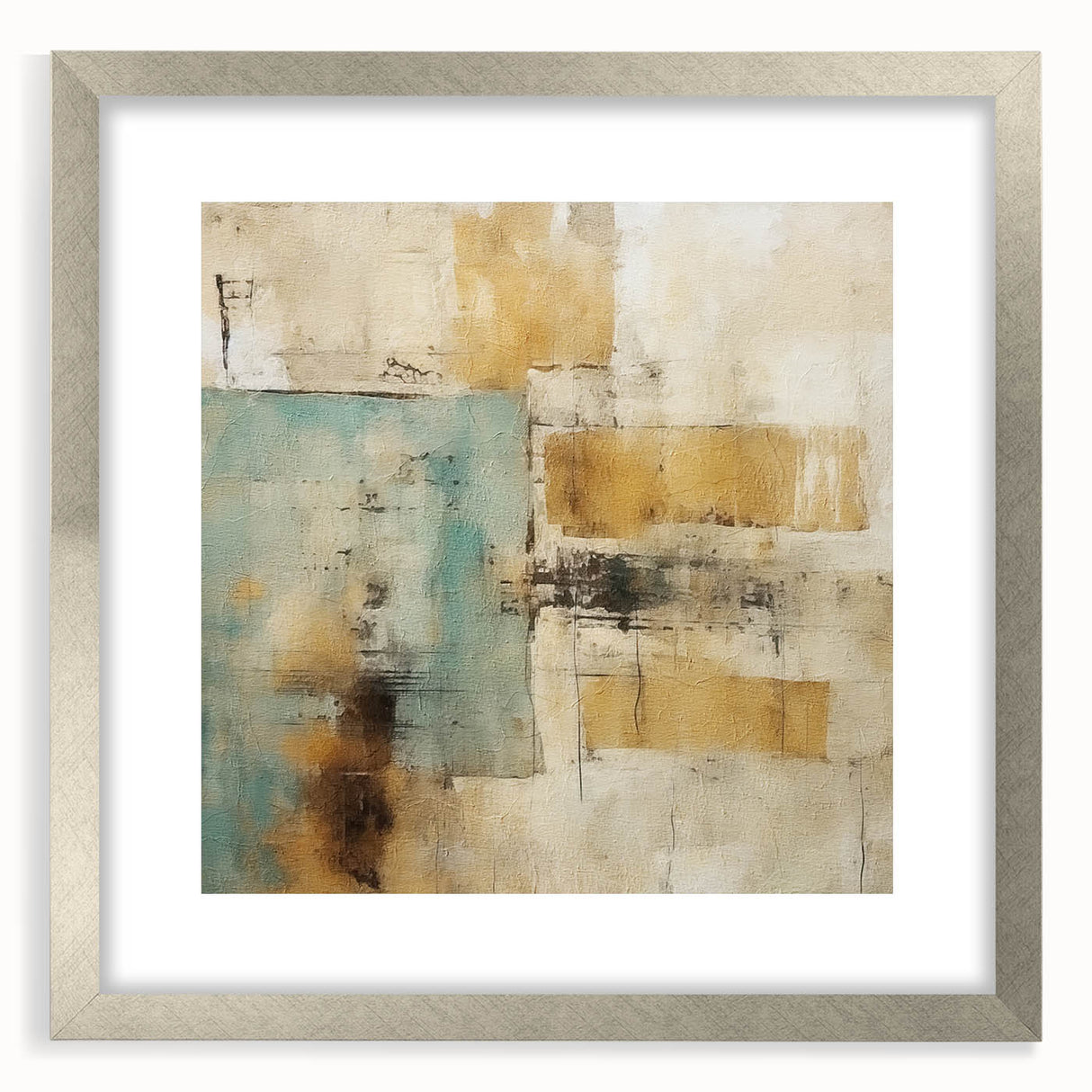 Abstract strokes wall art in a sleek silver frame with a mat, showcasing vibrant colors and fluid designs, perfect for modern home decor and interior styling.