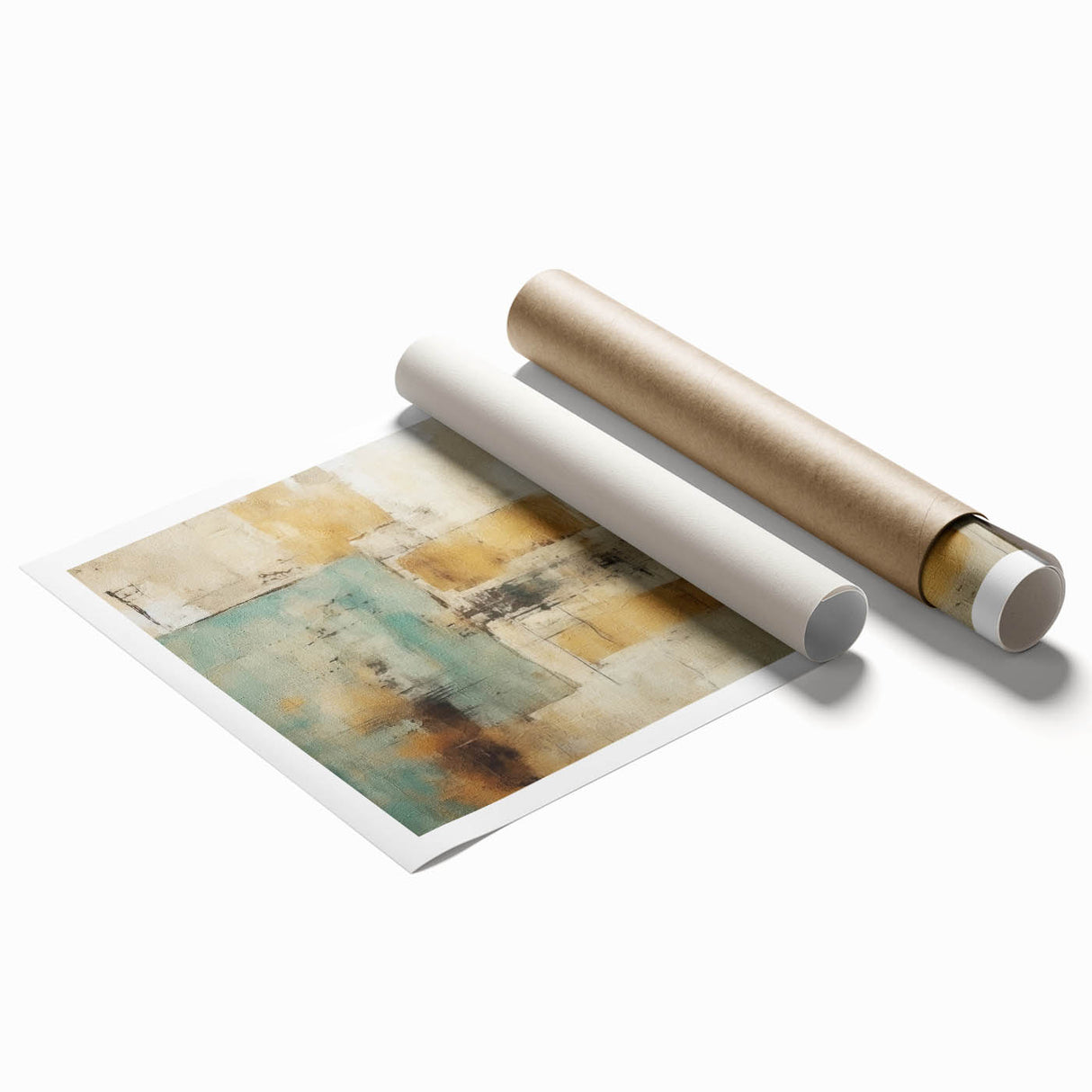 Abstract rolled wall art print featuring vibrant, colorful strokes in shades of blue, orange, and yellow, perfect for modern home decor. This artwork adds a dynamic touch to any room, emphasizing creativity and artistic expression.
