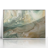 Abstract wall art featuring vibrant strokes in shades of blue, pink, and gold, elegantly framed in white acrylic, perfect for modern home decor.