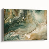 Abstract wall art with silver-framed canvas displaying fluid strokes in shades of blue and gray, enhancing modern decor with a sleek side view. Perfect for contemporary living spaces or art enthusiasts.