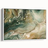 Framed canvas wall art featuring abstract strokes in shades of white and gray, designed to enhance modern interior decor with a sleek side view presentation.