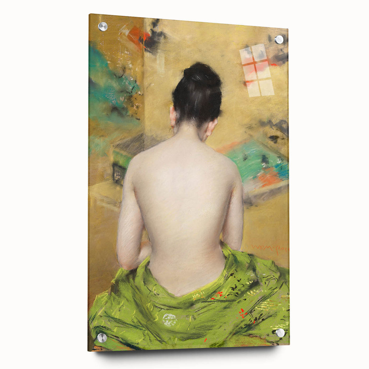 Modern Wall Art: Abstract Nude with Green Kimono and Gold Accents