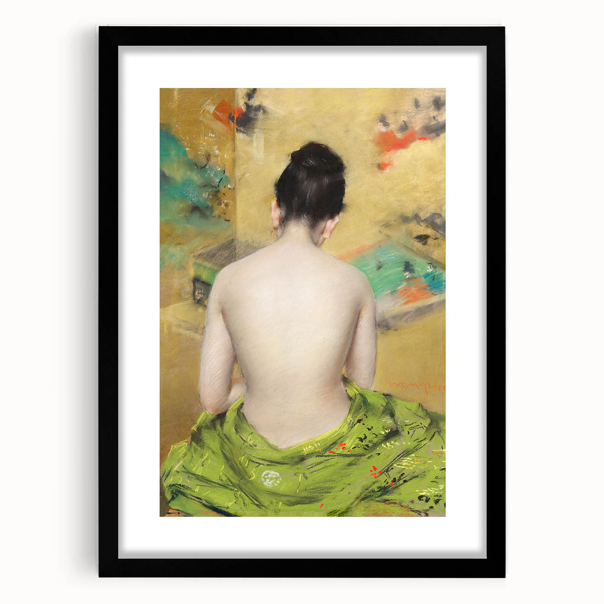Modern Wall Art: Abstract Nude with Green Kimono and Gold Accents