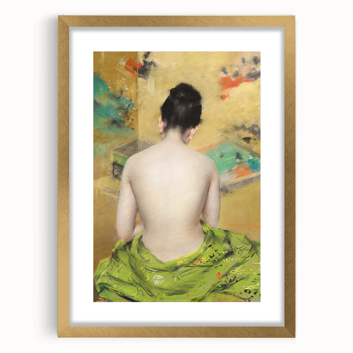 Modern Wall Art: Abstract Nude with Green Kimono and Gold Accents