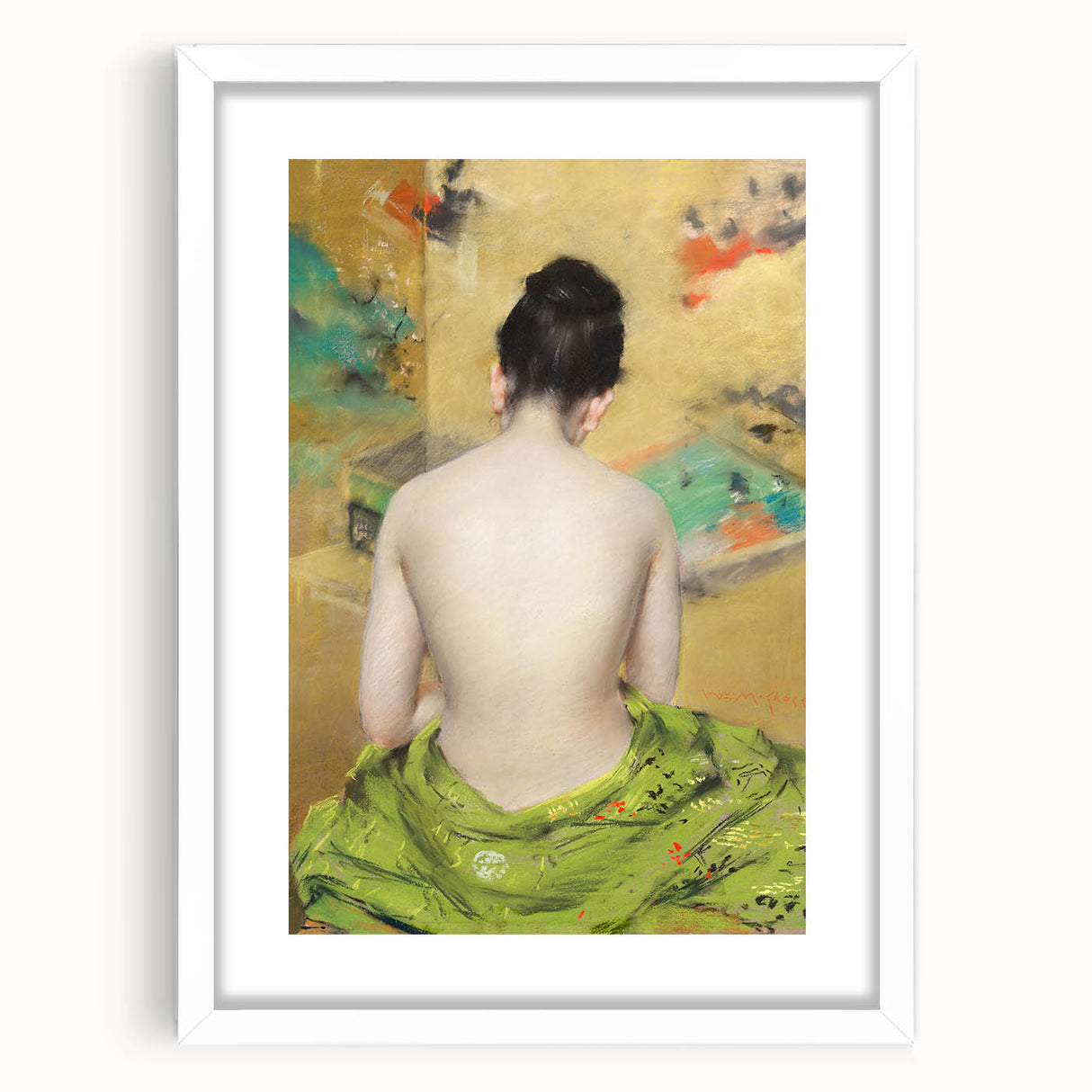 Modern Wall Art: Abstract Nude with Green Kimono and Gold Accents