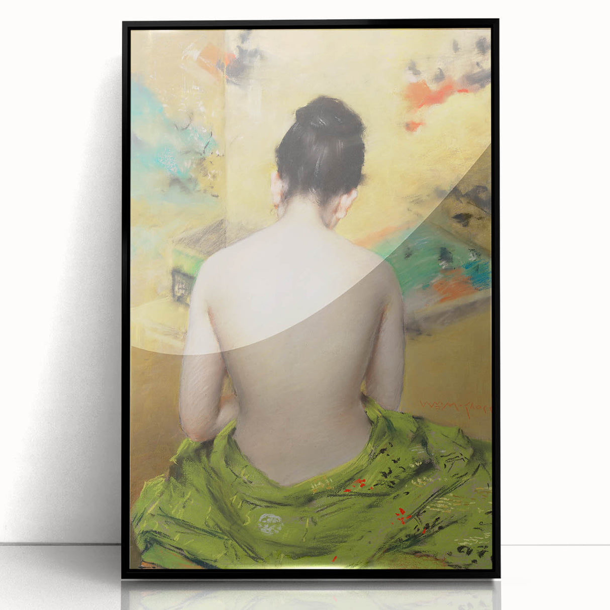 Modern Wall Art: Abstract Nude with Green Kimono and Gold Accents