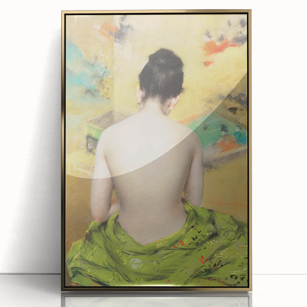 Modern Wall Art: Abstract Nude with Green Kimono and Gold Accents