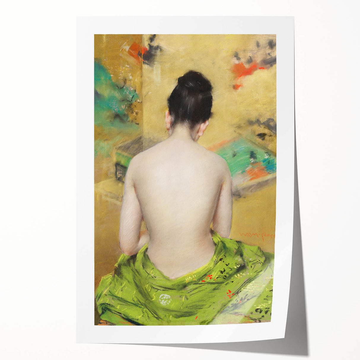 Modern Wall Art: Abstract Nude with Green Kimono and Gold Accents
