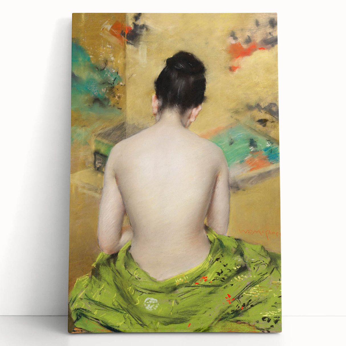 Modern Wall Art: Abstract Nude with Green Kimono and Gold Accents