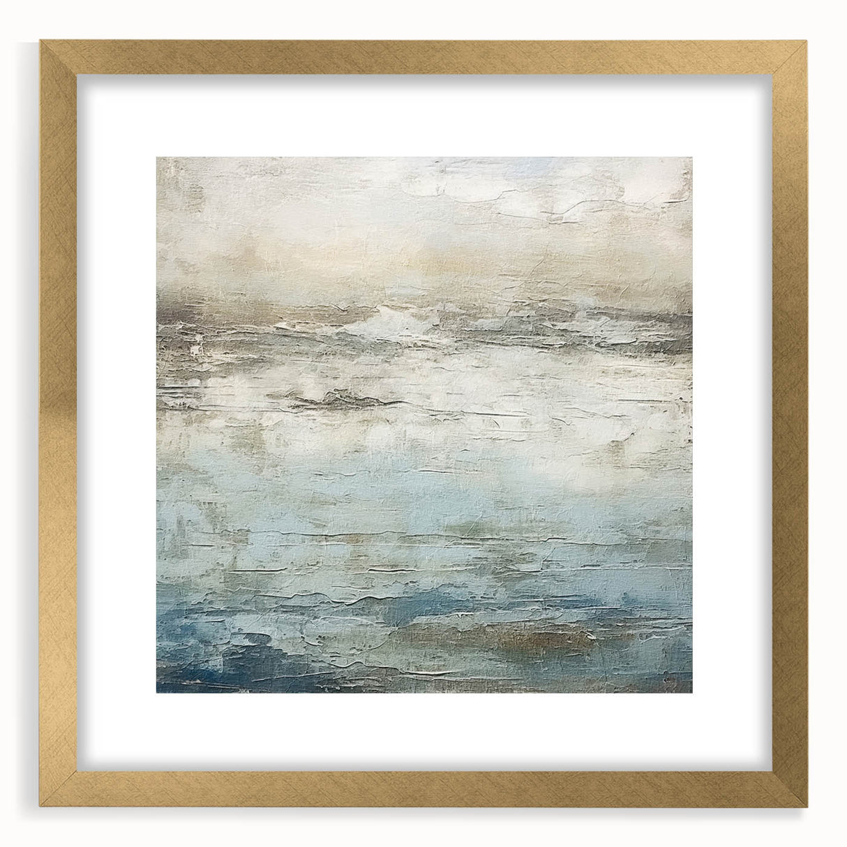Abstract wall art featuring colorful strokes in gold and blue, framed with a white mat, enhancing modern decor with a vibrant, artistic touch. Perfect for elevating living spaces or offices.