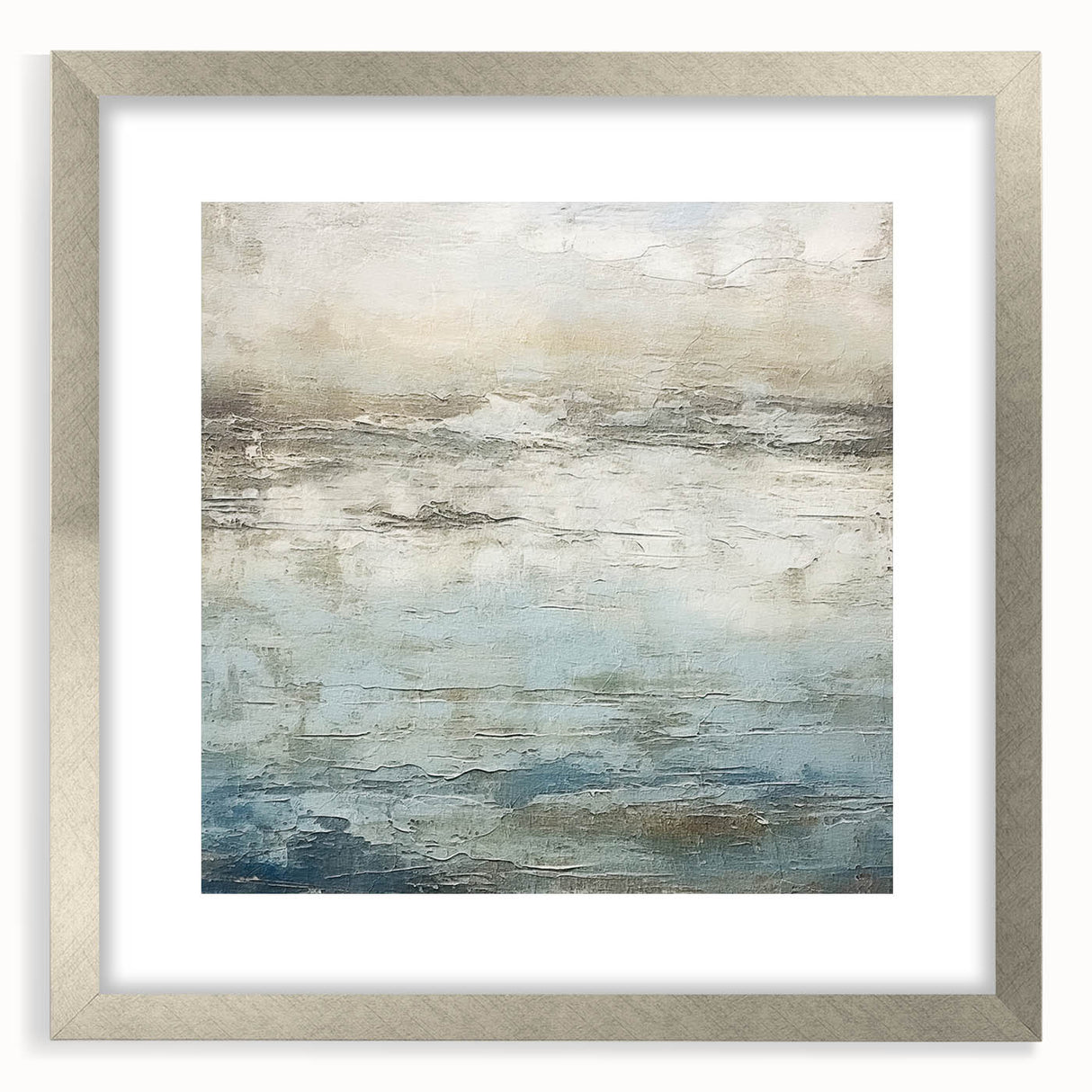 Abstract strokes wall art framed in silver with a mat, showcasing a modern design in soft blue, gold, and white colors, perfect for contemporary decor.