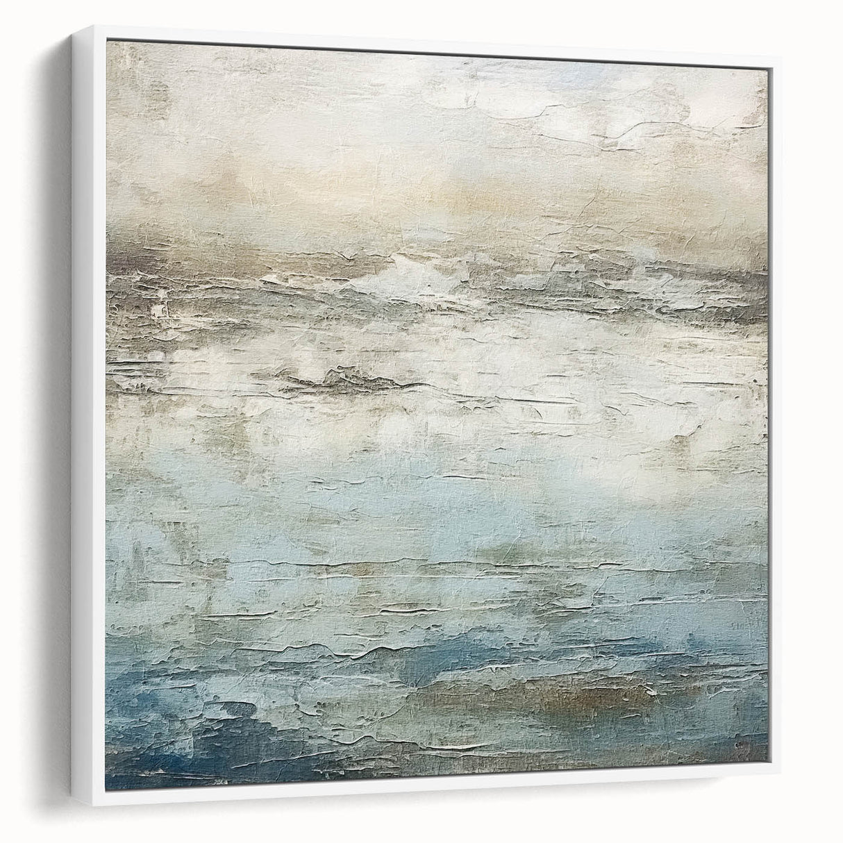 Framed canvas art showcasing an abstract design with bold strokes in shades of blue, gray, and white, perfect for modern home decor. Displayed from a side view, emphasizing its sleek profile and elegant framing.