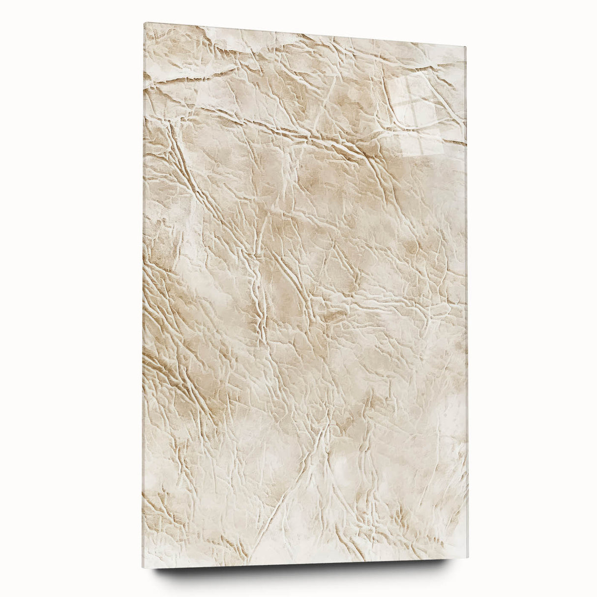 Abstract wall art featuring colorful strokes in shades of blue, pink, and gold, displayed in a side view on sleek acrylic glass, enhancing modern decor.