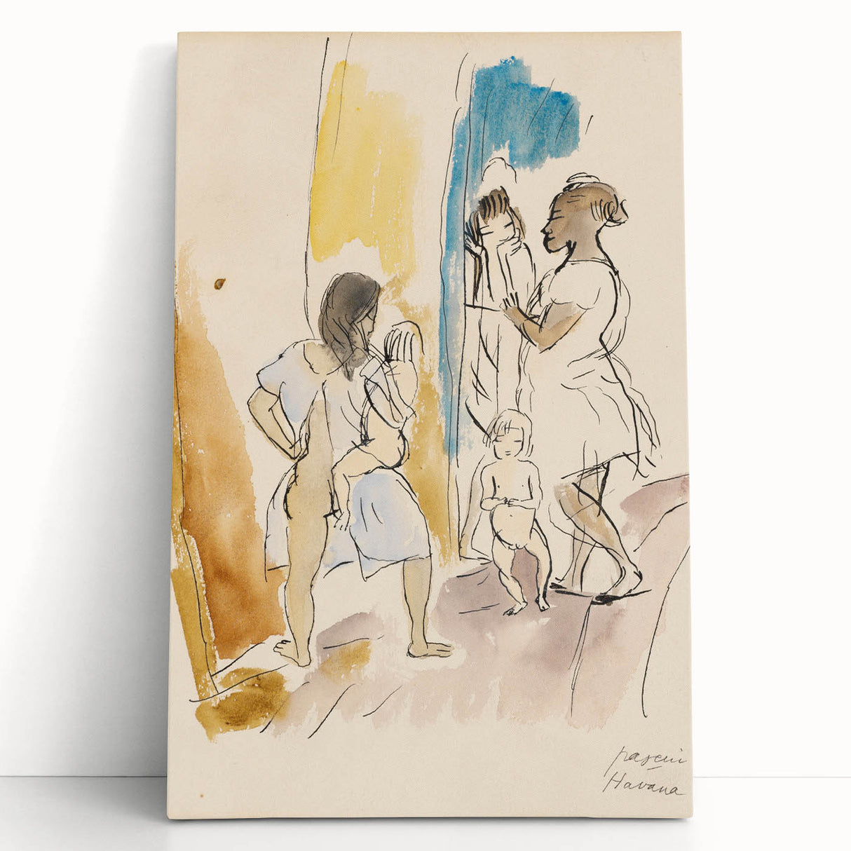 Modern Wall Art: Abstract Family Scene in Earthy Tones and Watercolors