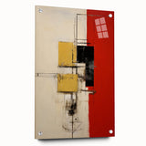 Abstract wall art design featuring vibrant strokes in shades of blue, orange, and yellow, showcased in a sleek acrylic glass frame with pin mountings for easy display. Perfect for modern home decor, this piece adds a colorful touch to any room.