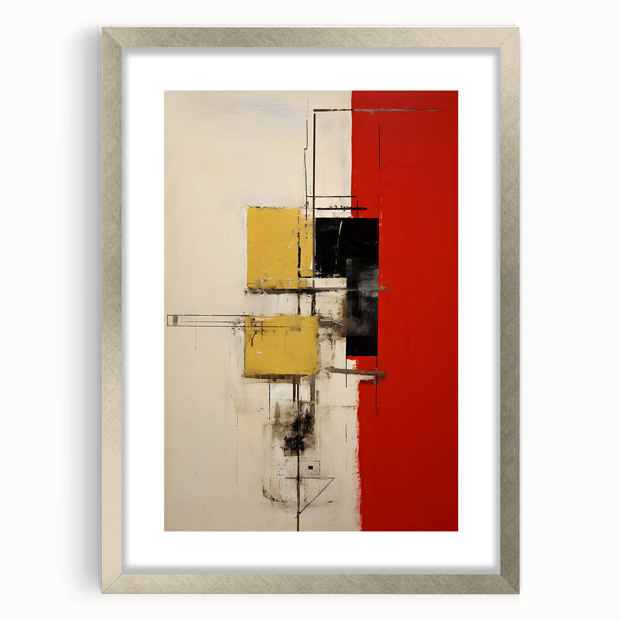Abstract strokes wall art in a sleek silver frame with a matte finish, showcasing a dynamic interplay of colors and textures, perfect for modern home decor.