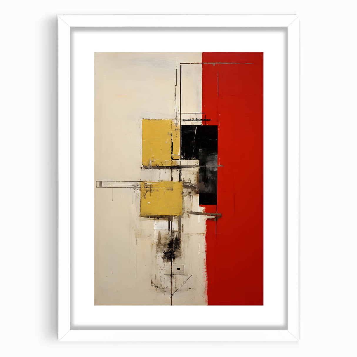 Abstract strokes wall art framed in white, showcasing vibrant colors and dynamic patterns, perfect for modern home decor or office settings.