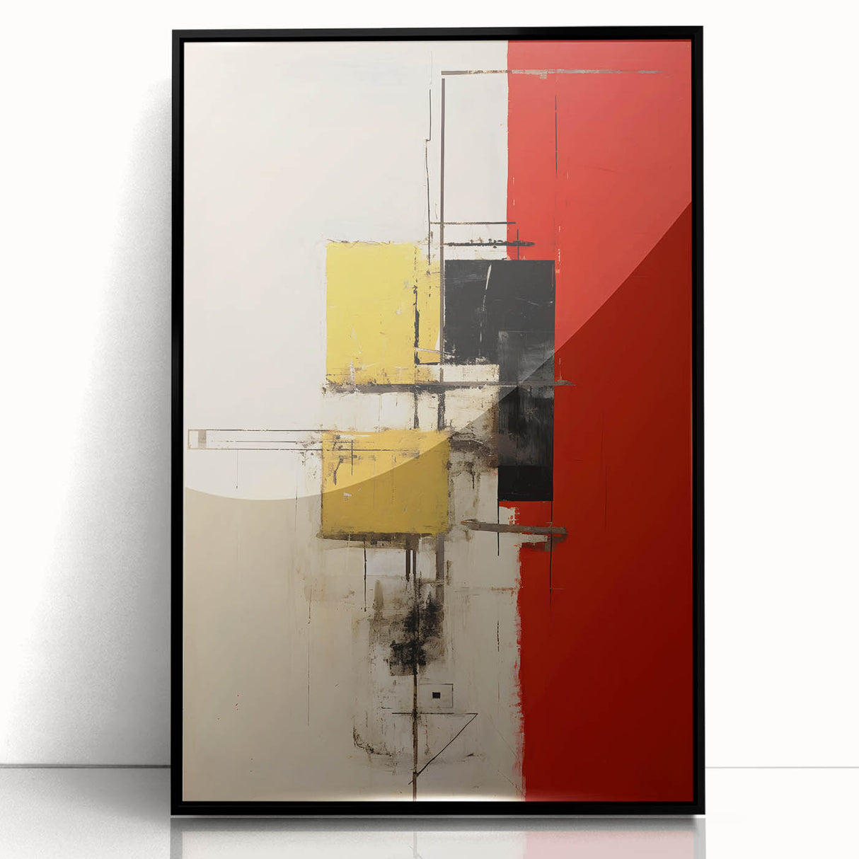 Framed acrylic wall art featuring abstract black strokes on a textured background, perfect for modern decor, enhancing any living space with its stylish design.