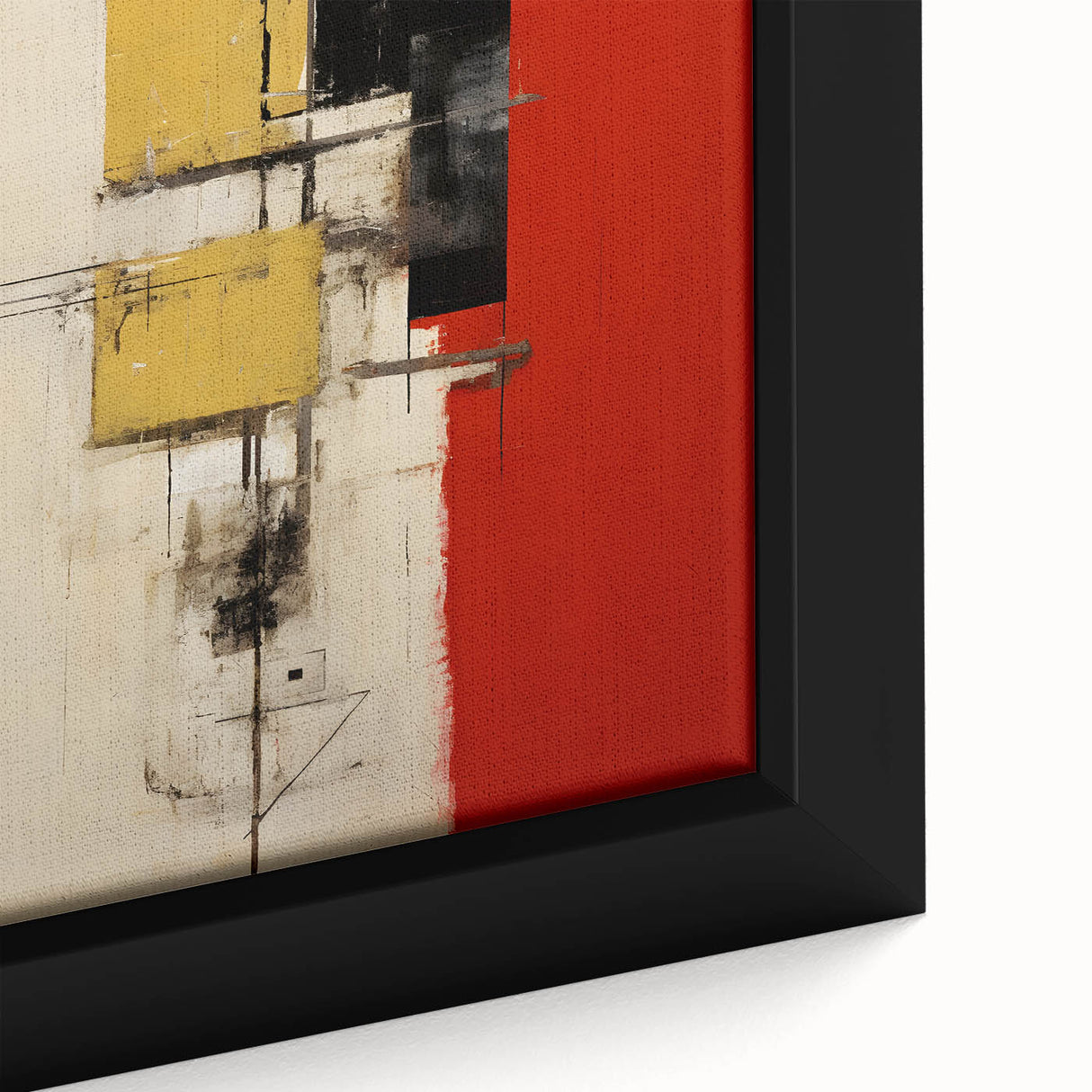 Close-up of framed abstract wall art featuring vibrant strokes in shades of blue, orange, and yellow, perfect for modern home décor and artistic expression.