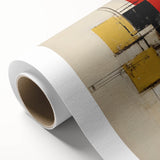 Abstract strokes wall art on rolled canvas showcasing dynamic blue, yellow, and red hues, elegantly designed for modern decor. Ideal for enhancing contemporary interiors.