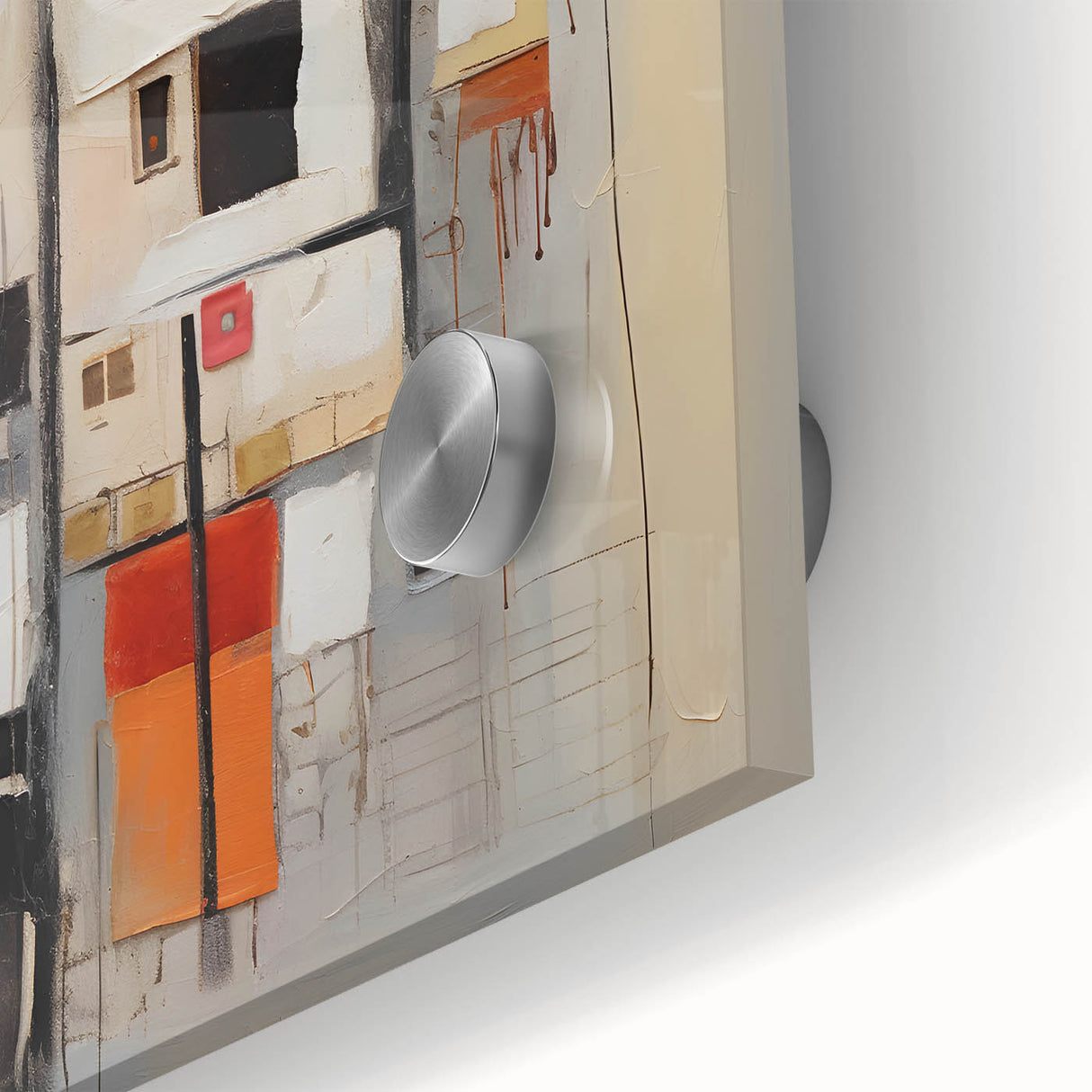 Close-up of vibrant abstract strokes wall art print on acrylic glass, showcasing vivid colors and fluid designs, ideal for modern home decor accents.