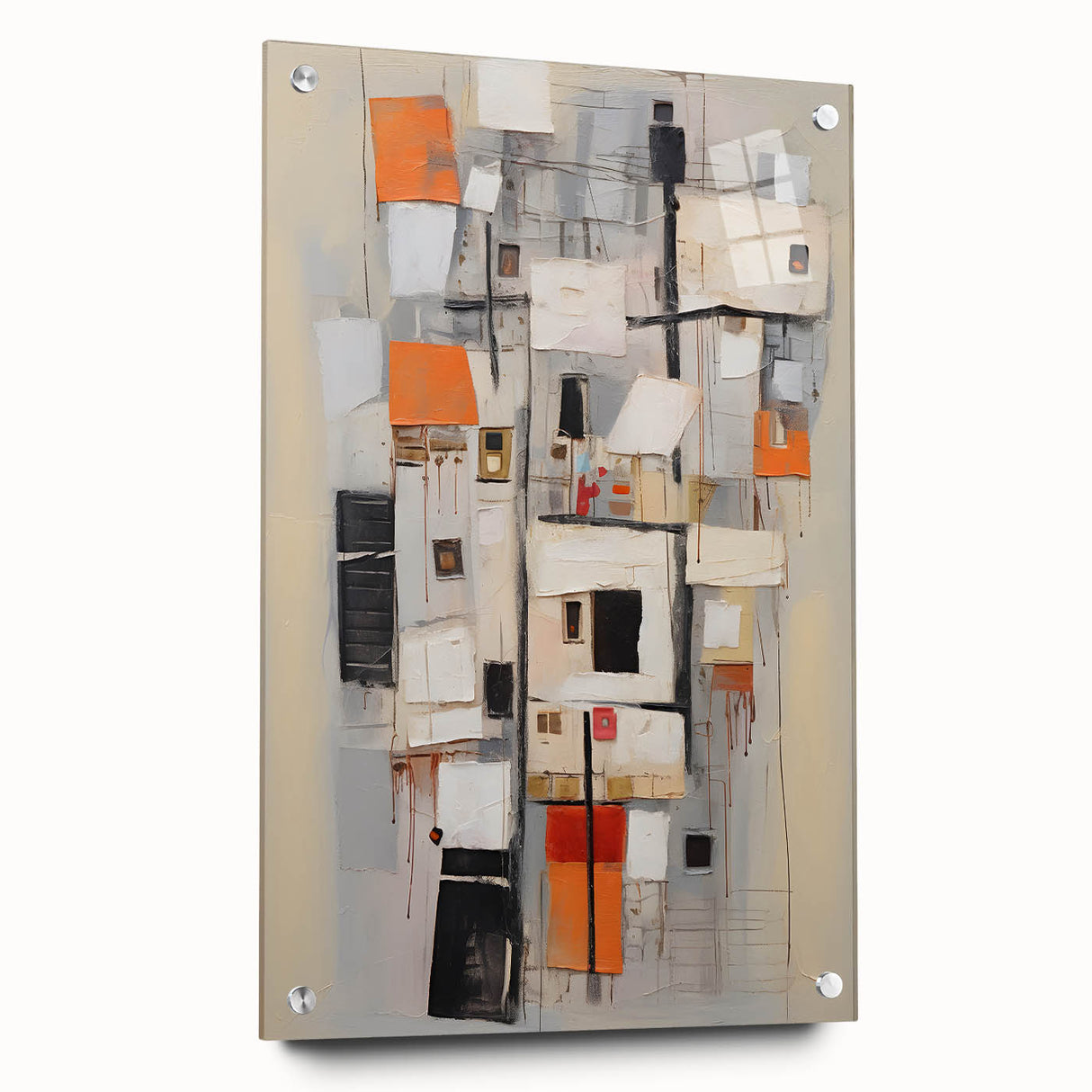 Abstract strokes wall art featuring vibrant colors in an acrylic glass frame, displayed with pins against a neutral background, enhancing modern decor aesthetics.