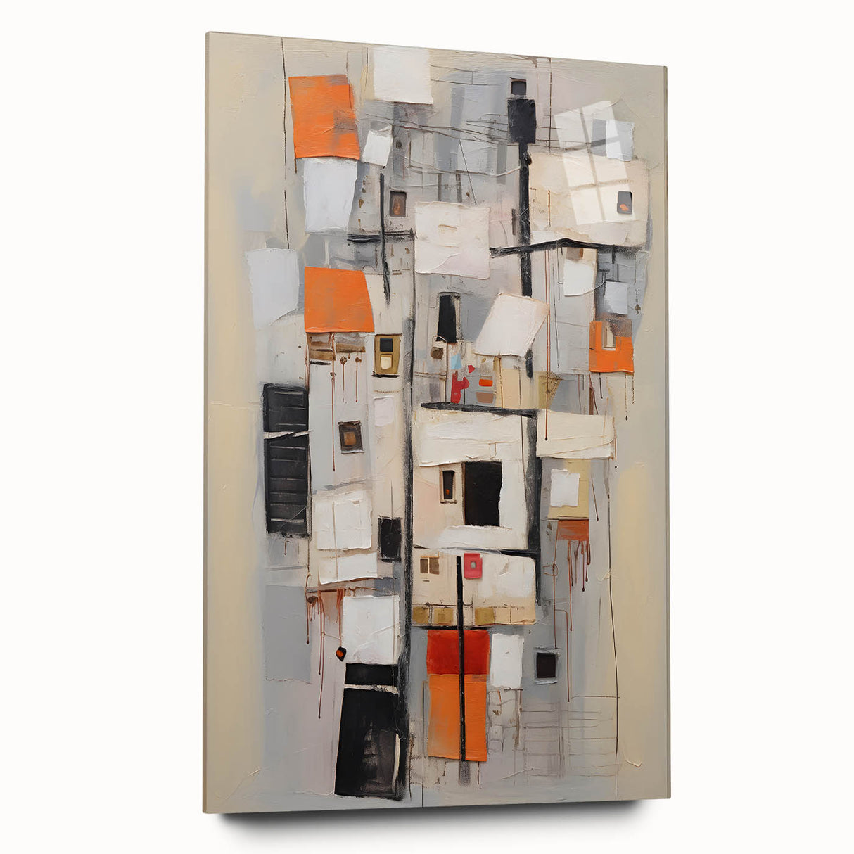 Abstract wall art design featuring vibrant acrylic strokes in a side view display, elegantly mounted on glass, showcasing a modern aesthetic ideal for contemporary decor.