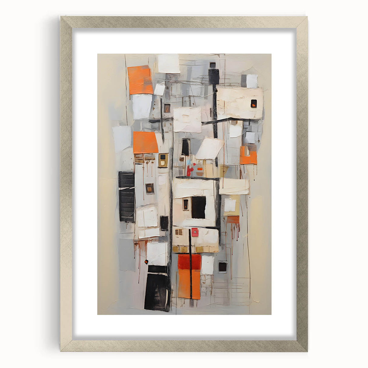 Abstract wall art featuring vibrant strokes in blue and gold hues, framed in a sleek silver mat, ideal for modern home decor and artistic spaces.
