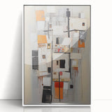 Framed wall art featuring abstract strokes in muted colors, showcasing a modern design with white accents, perfect for contemporary home decor.
