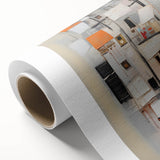 Abstract wall art featuring colorful strokes in vibrant shades of blue, orange, and yellow on a rolled canvas, perfect for modern home decor, showcasing artistic expression.